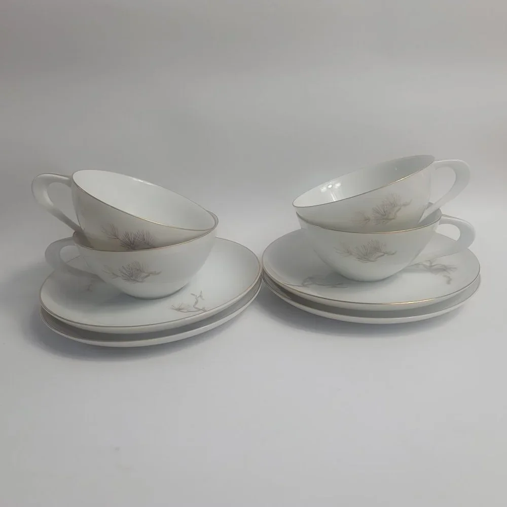 FOUR Sango Larchmont Cup & Saucer Sets White with Brown Pine Branch